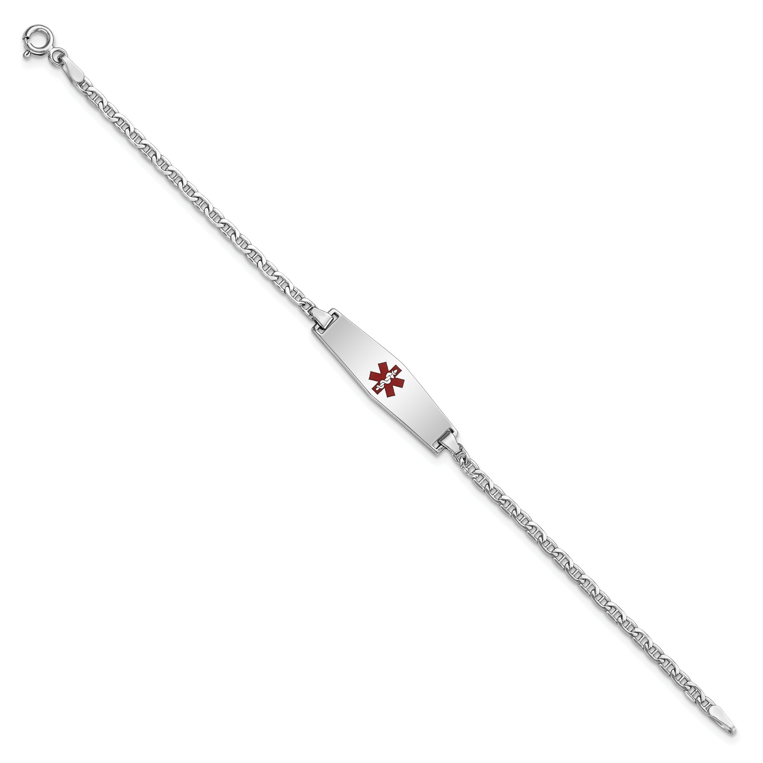 14K White Gold Medical Semi Solid Chain/Solid Plate 25X7mm Soft Diamond Shape Centered Red Enamel Anchor Link 7 Inch Id Bracelet