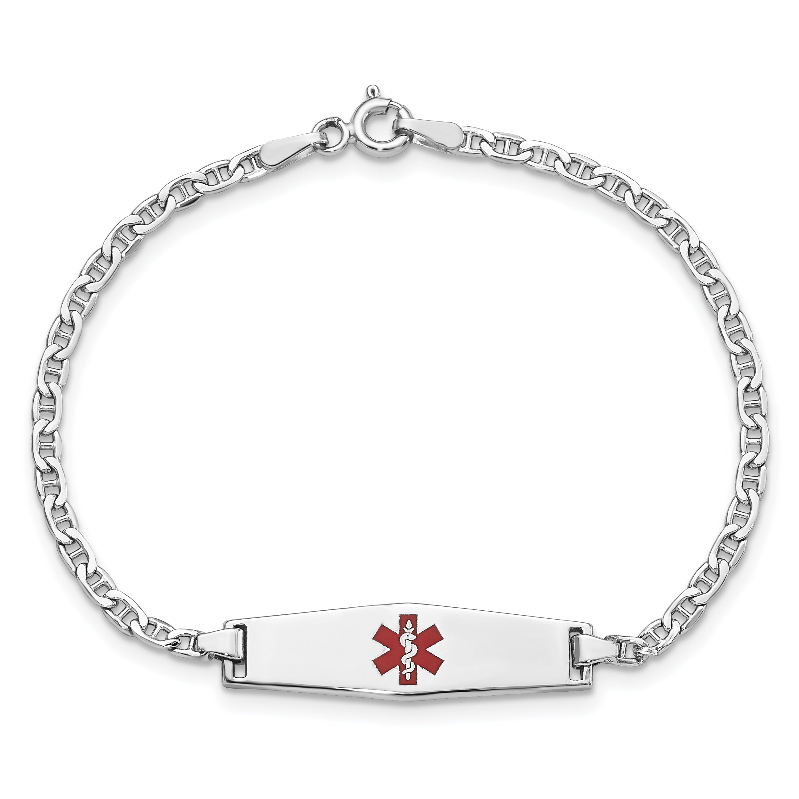 14K White Gold Medical Semi Solid Chain/Solid Plate 25X7mm Soft Diamond Shape Centered Red Enamel Anchor Link 6 Inch Baby/Child Id Bracelet