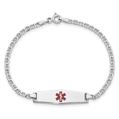 14K White Gold Medical Semi Solid Chain/Solid Plate 25X7mm Soft Diamond Shape Centered Red Enamel Anchor Link 7 Inch Id Bracelet