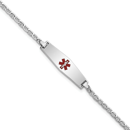 14K White Gold Medical Semi Solid Chain/Solid Plate 25X7mm Soft Diamond Shape Centered Red Enamel Anchor Link 6 Inch Baby/Child Id Bracelet