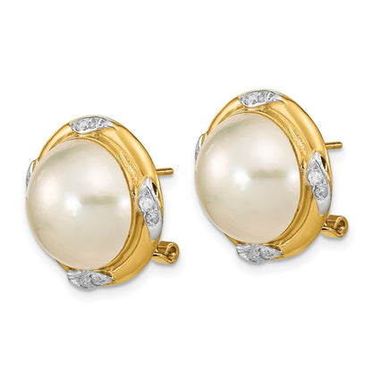 14K Yellow Gold 13 14mm White Mabe Saltwater Cultured Pearl And .16 Carat Diamond Omega Back Earrings