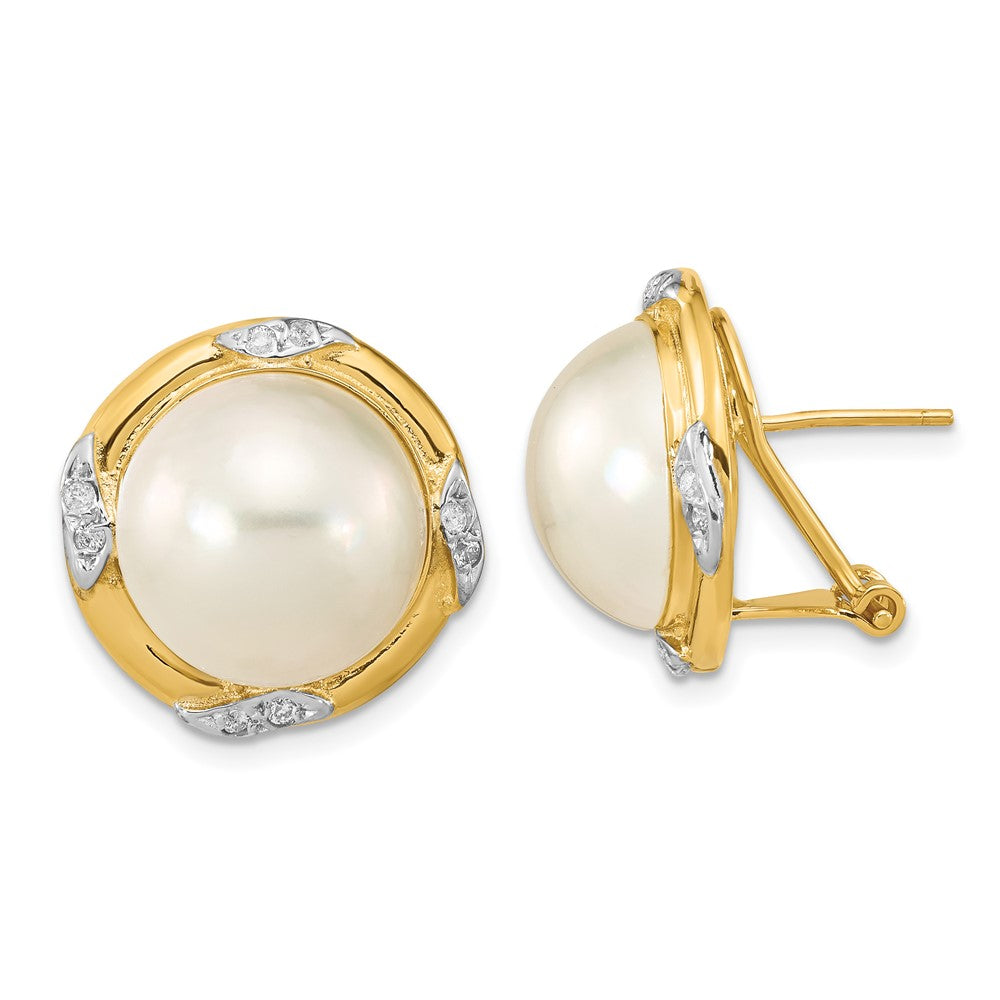 14K Yellow Gold 13 14mm White Mabe Saltwater Cultured Pearl And .16 Carat Diamond Omega Back Earrings