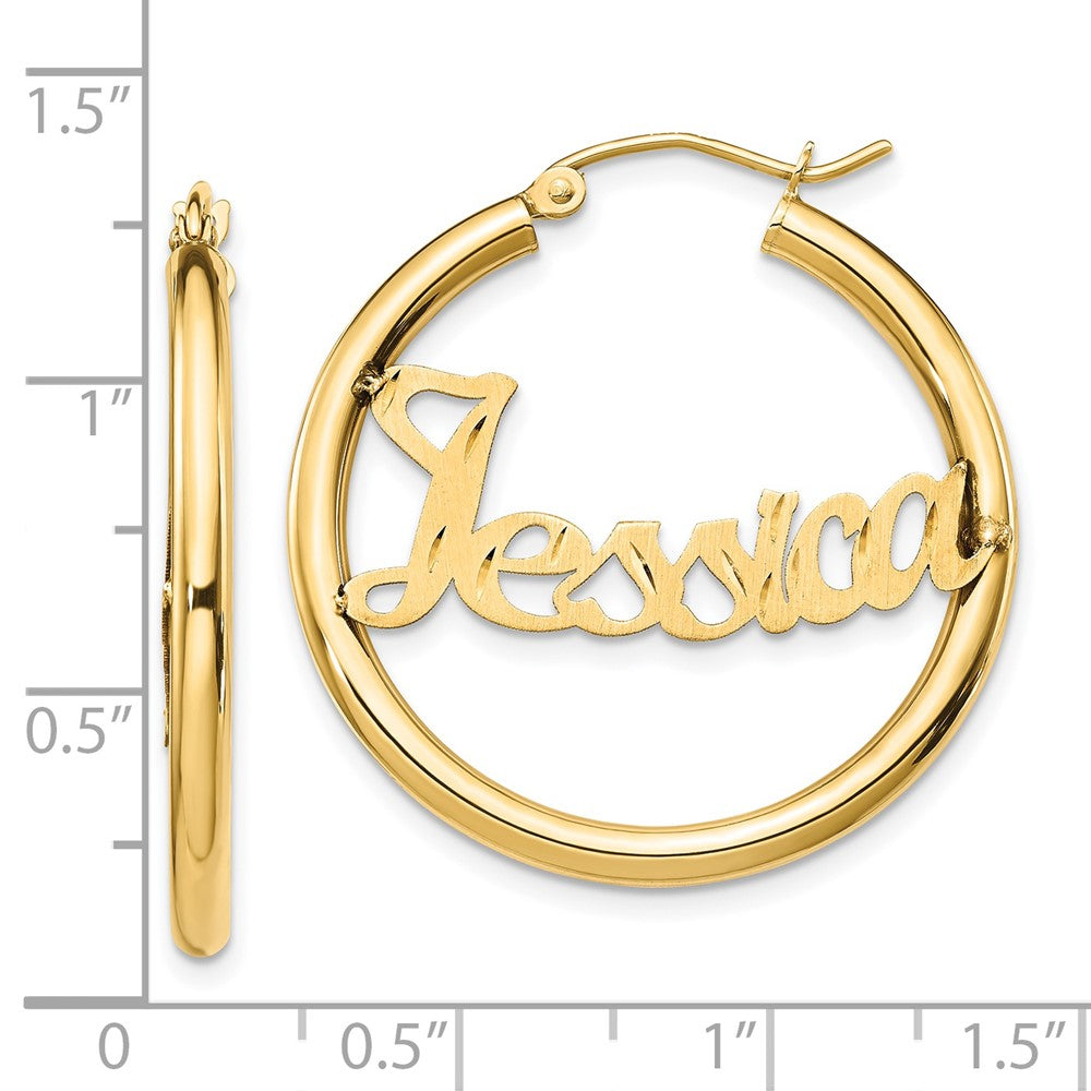 14K Yellow Gold Satin And Diamond Cut Name Plate Hoop Earrings
