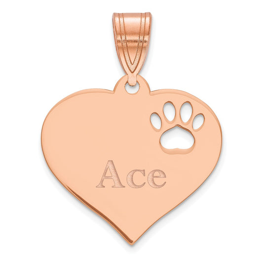 14K Rose Gold Heart With Name And Paw Print Cut Out Pendant
