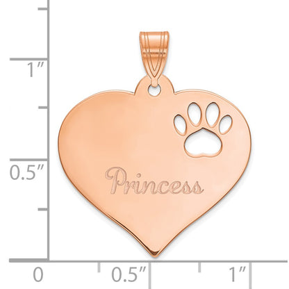 14K Rose Gold Heart With Name And Paw Print Cut Out Pendant