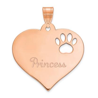 14K Rose Gold Heart With Name And Paw Print Cut Out Pendant
