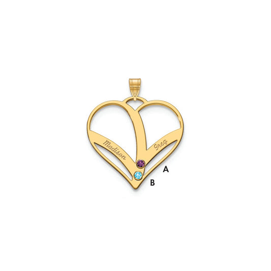 14K Yellow Gold 14Ky 2 Name Birthstones Bezel Cut Out Heart Pendant