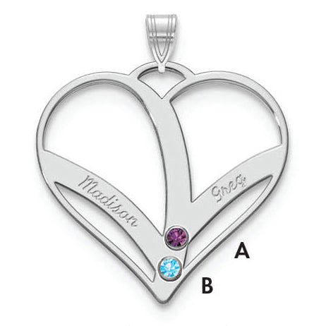 14K White Gold 14Kw 2 Name Birthstones 18K Rhod Plated Bezel Cut Out Heart Pendant