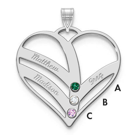 14K White Gold 14Kw 3 Name Birthstones 18K Rhod Plated Bezel Cut Out Heart Pendant