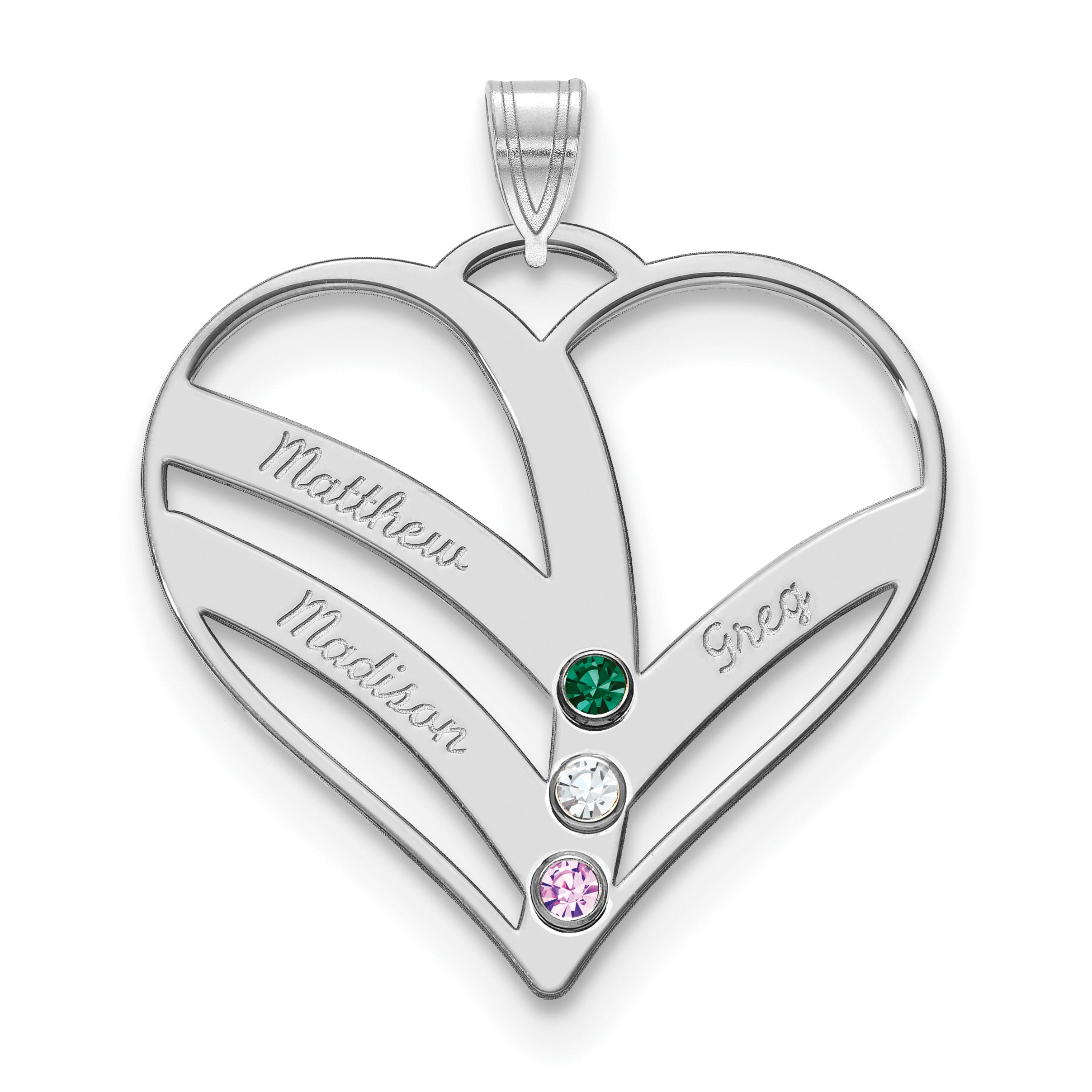 14K White Gold 14Kw 3 Name Birthstones 18K Rhod Plated Bezel Cut Out Heart Pendant