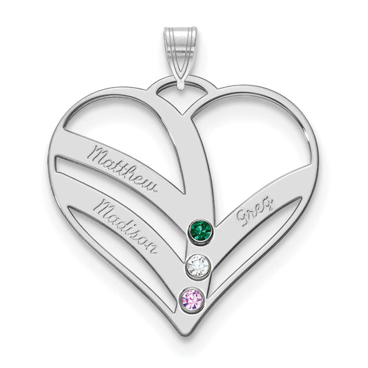14K White Gold 14Kw 3 Name Birthstones 18K Rhod Plated Bezel Cut Out Heart Pendant