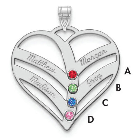 14K White Gold 14Kw 4 Name Birthstones 18K Rhod Plated Bezel Cut Out Heart Pendant