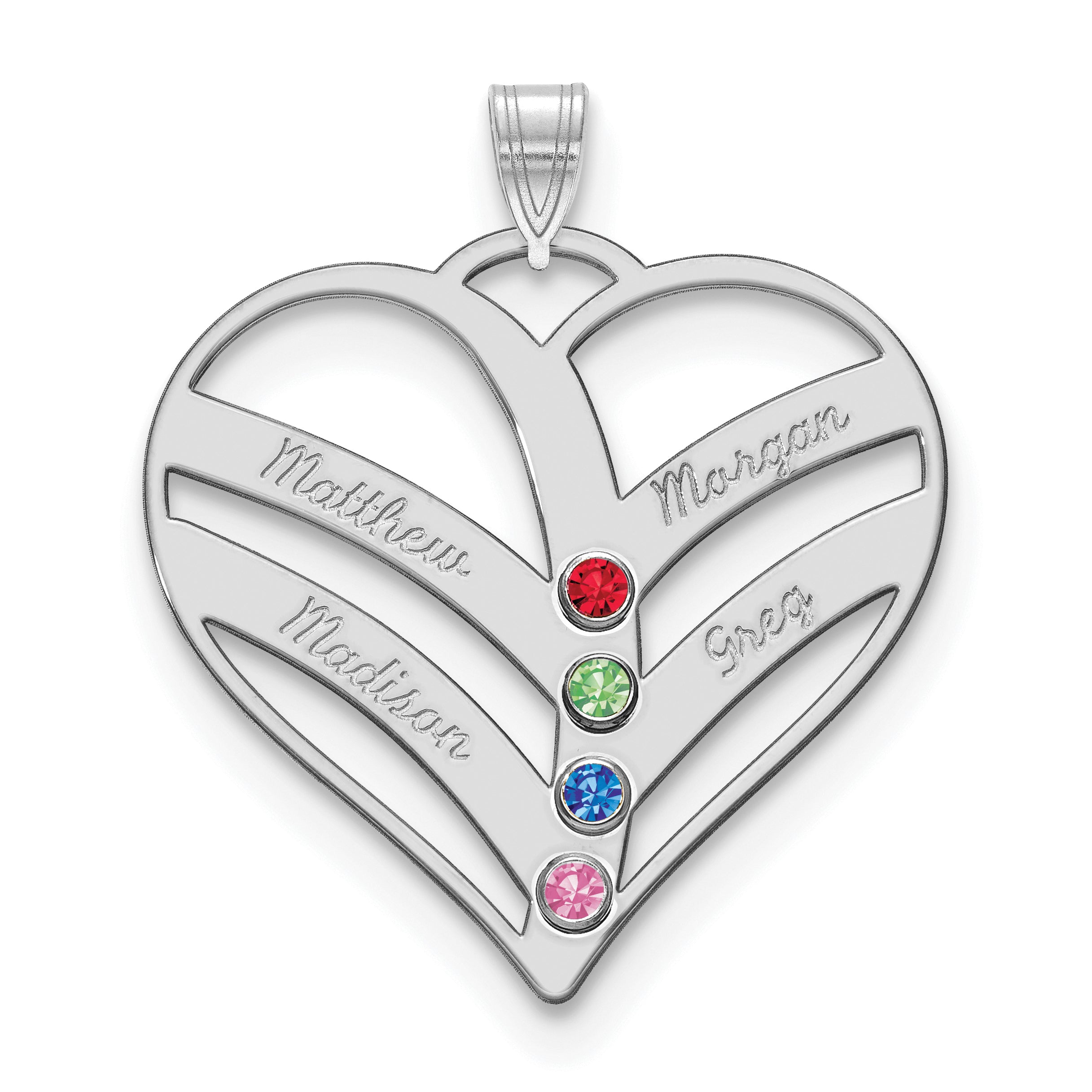 14K White Gold 14Kw 4 Name Birthstones 18K Rhod Plated Bezel Cut Out Heart Pendant