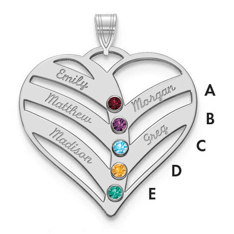 14K White Gold 14Kw 5 Name Birthstones 18K Rhod Plated Bezel Cut Out Heart Pendant