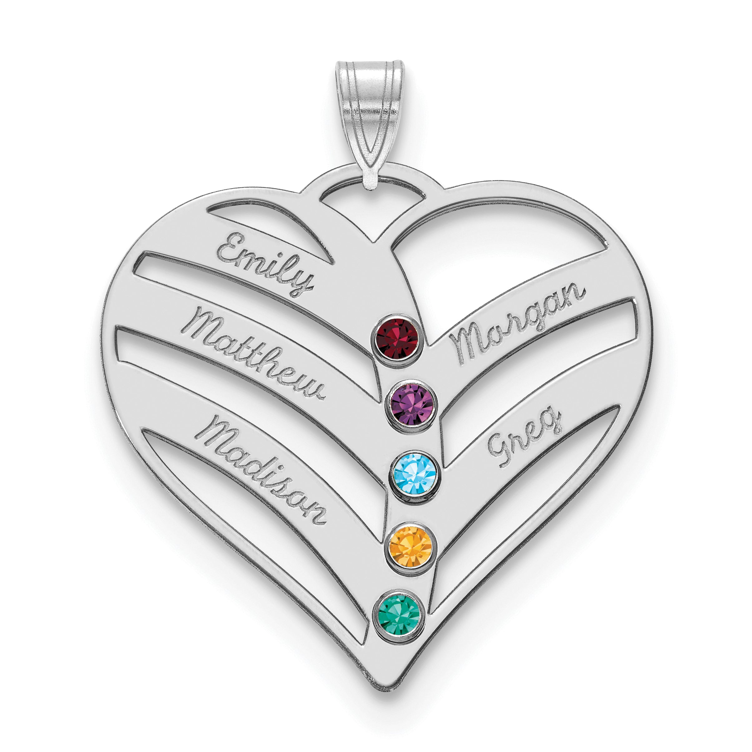 14K White Gold 14Kw 5 Name Birthstones 18K Rhod Plated Bezel Cut Out Heart Pendant