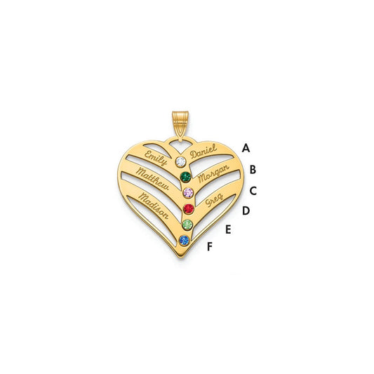 14K Yellow Gold 14Ky 6 Name Birthstones Bezel Cut Out Heart Pendant
