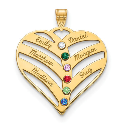 14K Yellow Gold 14Ky 6 Name Birthstones Bezel Cut Out Heart Pendant