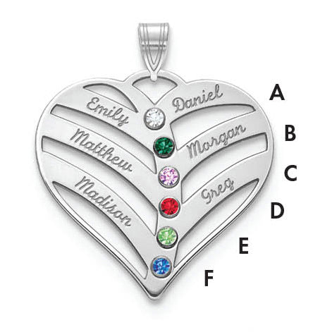 14K White Gold 14Kw 6 Name Birthstones 18K Rhod Plated Bezel Cut Out Heart Pendant