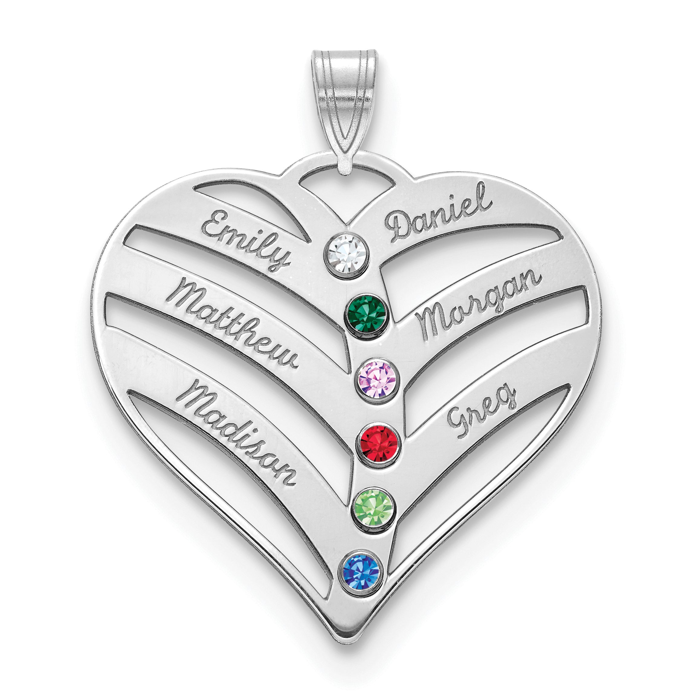 14K White Gold 14Kw 6 Name Birthstones 18K Rhod Plated Bezel Cut Out Heart Pendant