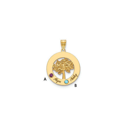 14K Yellow Gold 14Ky Family Tree In Circle 2 Names And Birthstones W/ Bezel Pendant