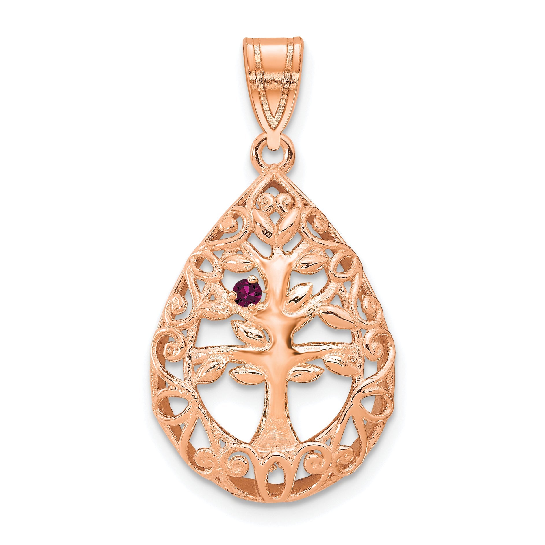 Rose Plated Sterling Silver/Rose 1 Birthstone Tree Of Life Tear Drop Pendant