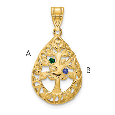 14K Yellow Gold 14Ky 2 Birthstone Tree Of Life Tear Drop Pendant