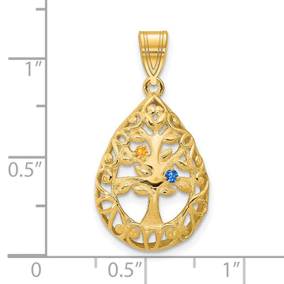 14K Yellow Gold 14Ky 2 Birthstone Tree Of Life Tear Drop Pendant