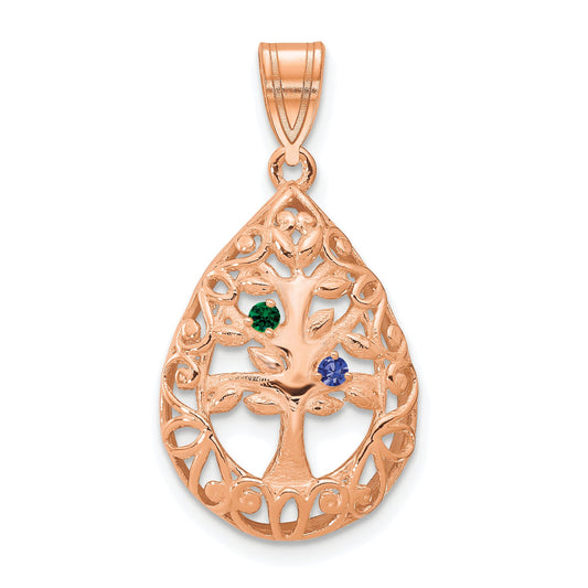 Rose Plated Sterling Silver/Rose 2 Birthstone Tree Of Life Tear Drop Pendant