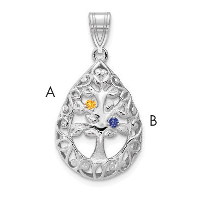 14K White Gold 14Kw 2 Birthstone Tree Of Life Tear Drop Pendant