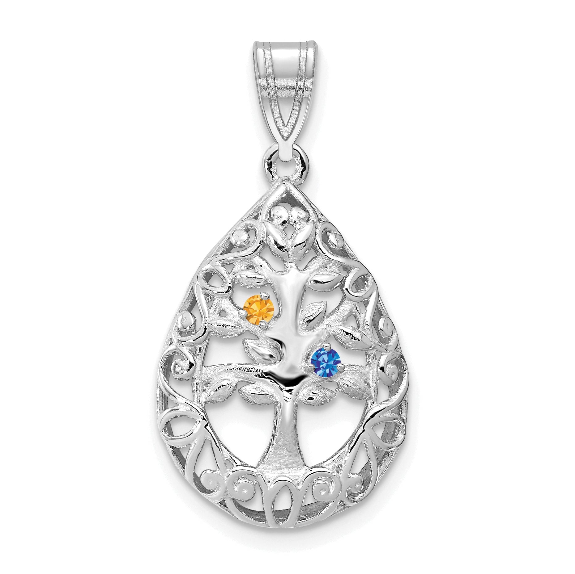 14K White Gold 14Kw 2 Birthstone Tree Of Life Tear Drop Pendant