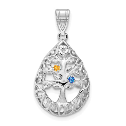 14K White Gold 14Kw 2 Birthstone Tree Of Life Tear Drop Pendant