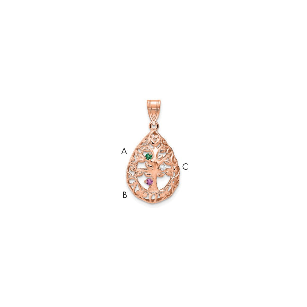 14K Rose Gold 3 Birthstone Tree Of Life Tear Drop Pendant