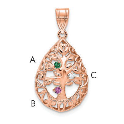 Rose Plated Sterling Silver/Rose 3 Birthstone Tree Of Life Tear Drop Pendant