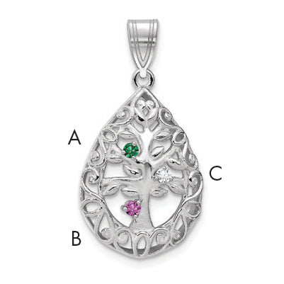 14K White Gold 14Kw 3 Birthstone Tree Of Life Tear Drop Pendant