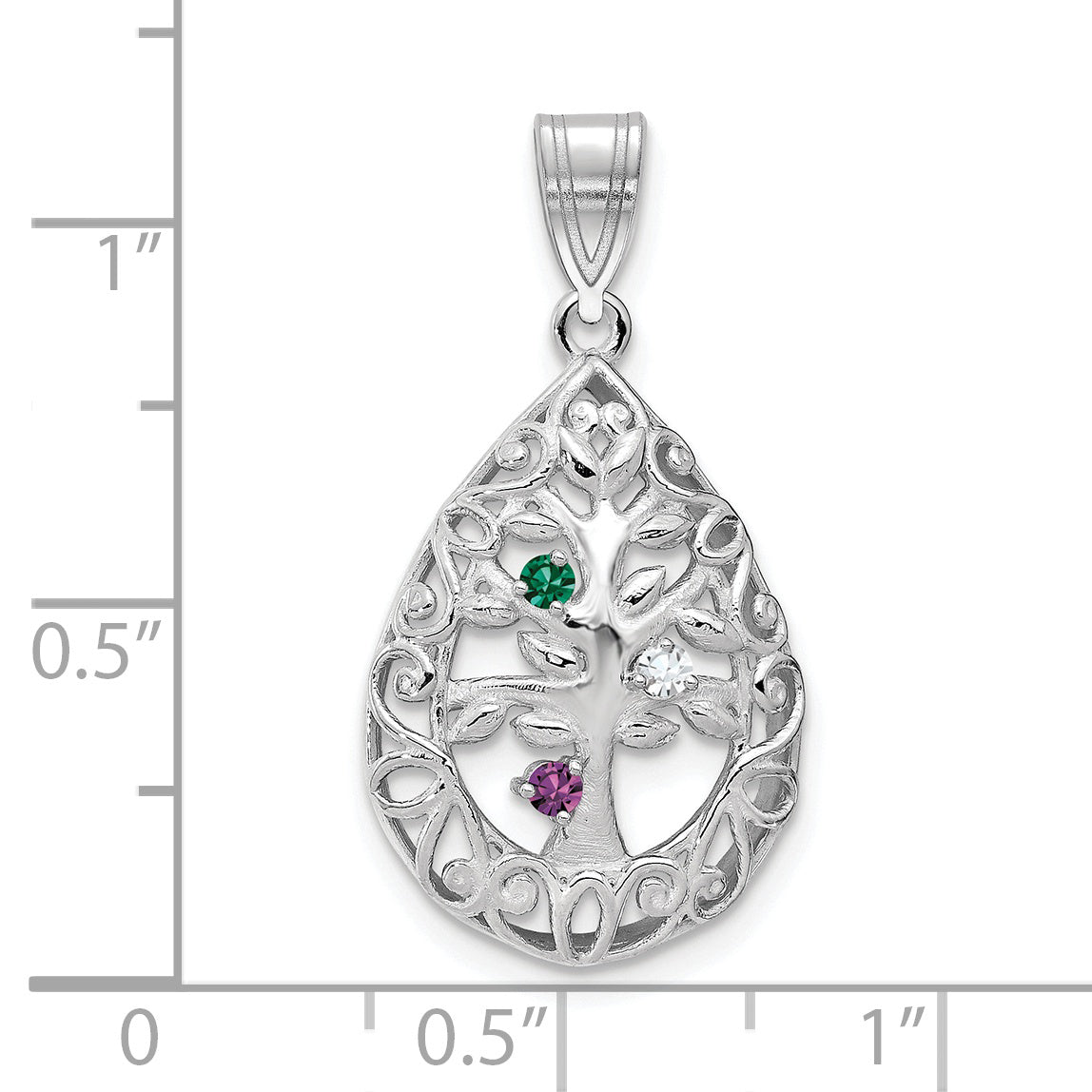 14K White Gold 14Kw 3 Birthstone Tree Of Life Tear Drop Pendant