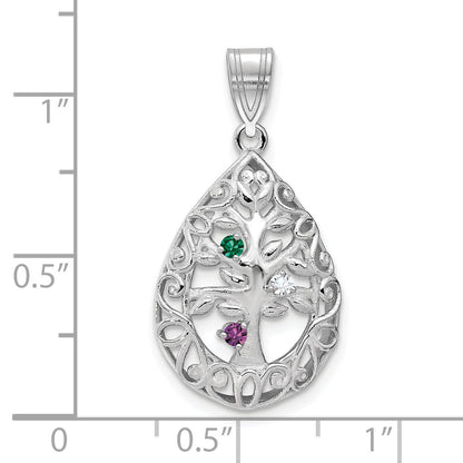 14K White Gold 14Kw 3 Birthstone Tree Of Life Tear Drop Pendant