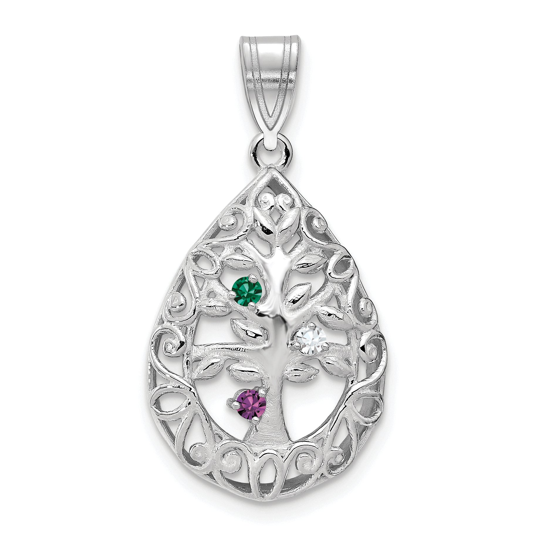 14K White Gold 14Kw 3 Birthstone Tree Of Life Tear Drop Pendant