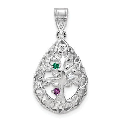 14K White Gold 14Kw 3 Birthstone Tree Of Life Tear Drop Pendant