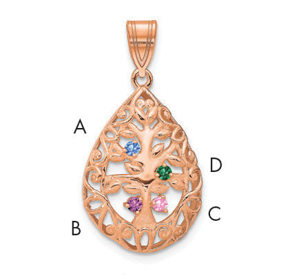 Rose Plated Sterling Silver/Rose 4 Birthstone Tree Of Life Tear Drop Pendant