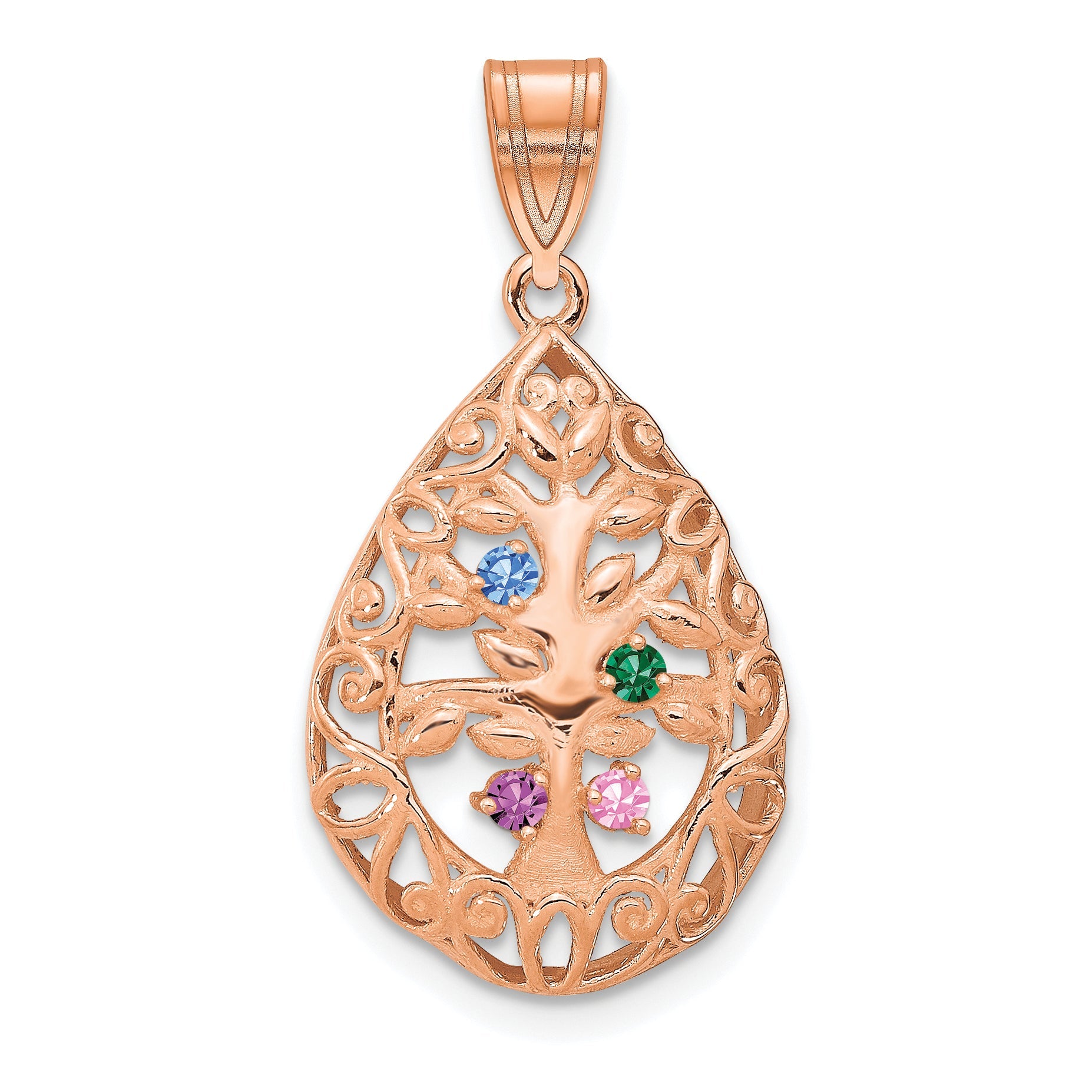 Rose Plated Sterling Silver/Rose 4 Birthstone Tree Of Life Tear Drop Pendant
