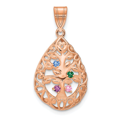 Rose Plated Sterling Silver/Rose 4 Birthstone Tree Of Life Tear Drop Pendant