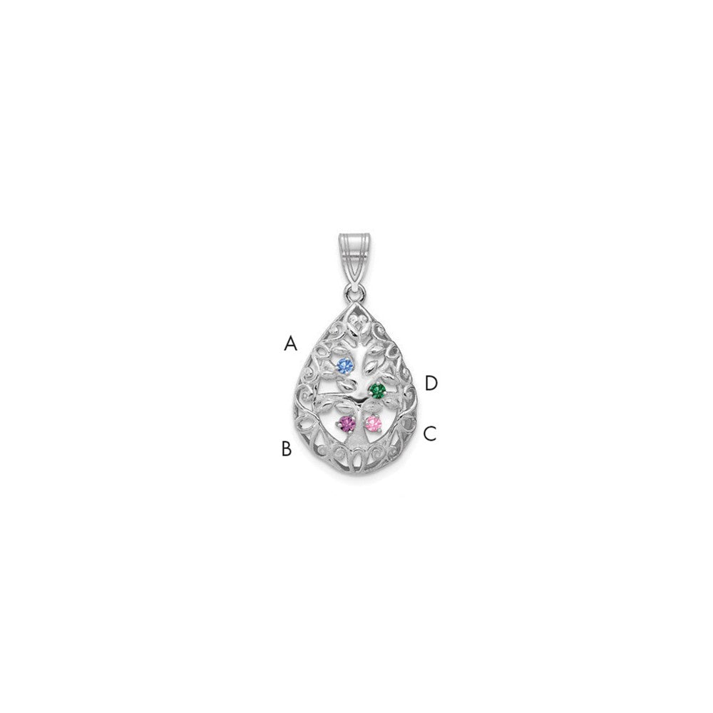 14K White Gold 14Kw 4 Birthstone Tree Of Life Tear Drop Pendant