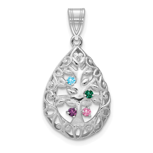 14K White Gold 14Kw 4 Birthstone Tree Of Life Tear Drop Pendant