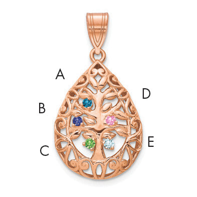 Rose Plated Sterling Silver/Rose 5 Birthstone Tree Of Life Tear Drop Pendant