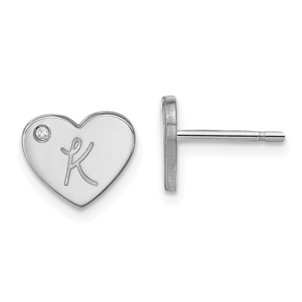 Sterling Silver Silver/Rhodium Plated Initial Heart With Diamond Post Earrings