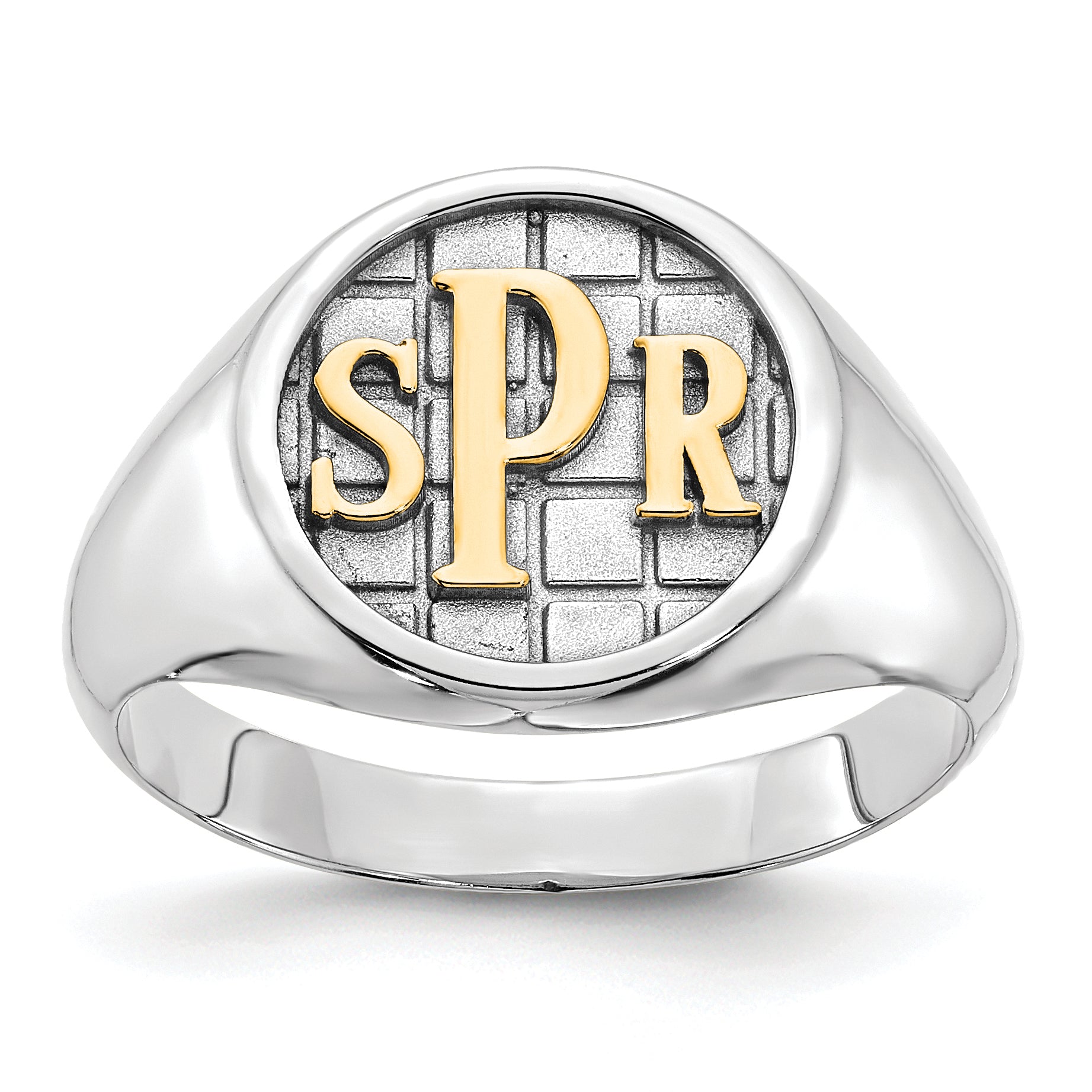 Sterling Silver Silver/Rhod Plated Textured Monogram Signet Ring
