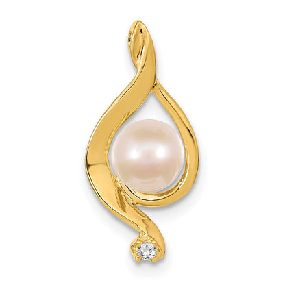14K Yellow Gold 5.5mm White Round Freshwater Cultured Pearl Vs Diamond Pendant