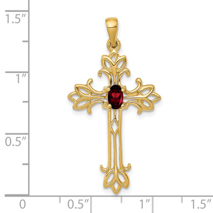 14K Yellow Gold 5X3mm Oval Garnet Cross Pendant