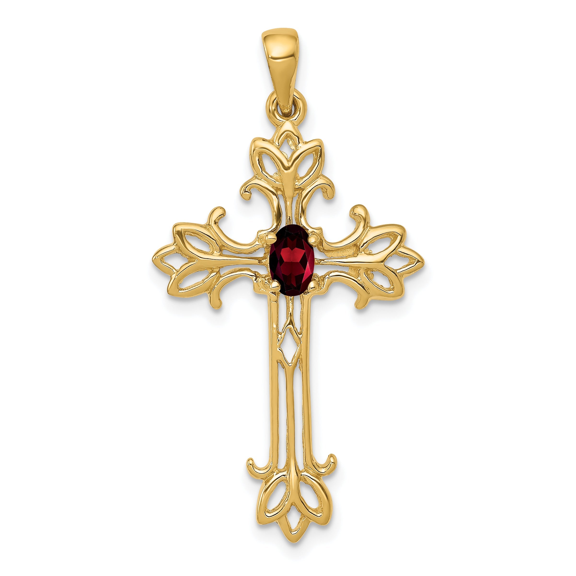14K Yellow Gold 5X3mm Oval Garnet Cross Pendant