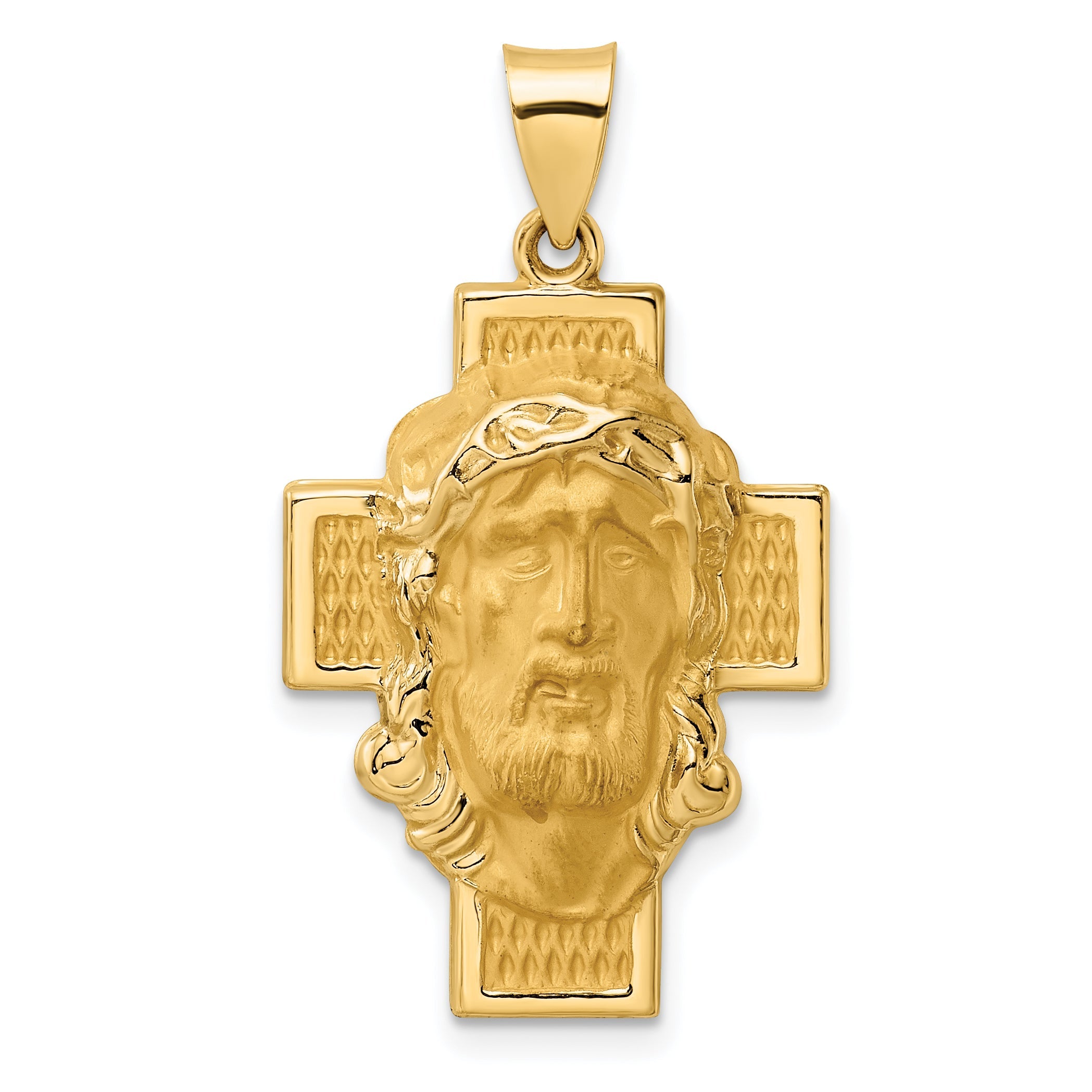 14K Yellow Gold Polished And Satin Hollow Jesus Face Cross Pendant